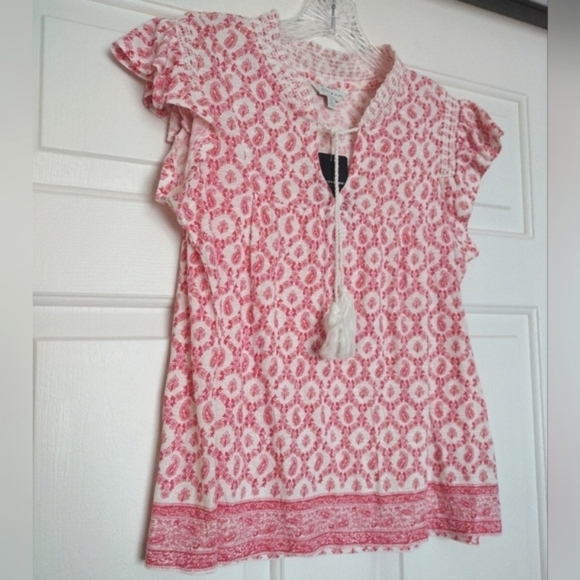 Lucky Brand Cotton Modal Split V-neck Flutter Top Paisley Red & White Size Small - Picture 3 of 12